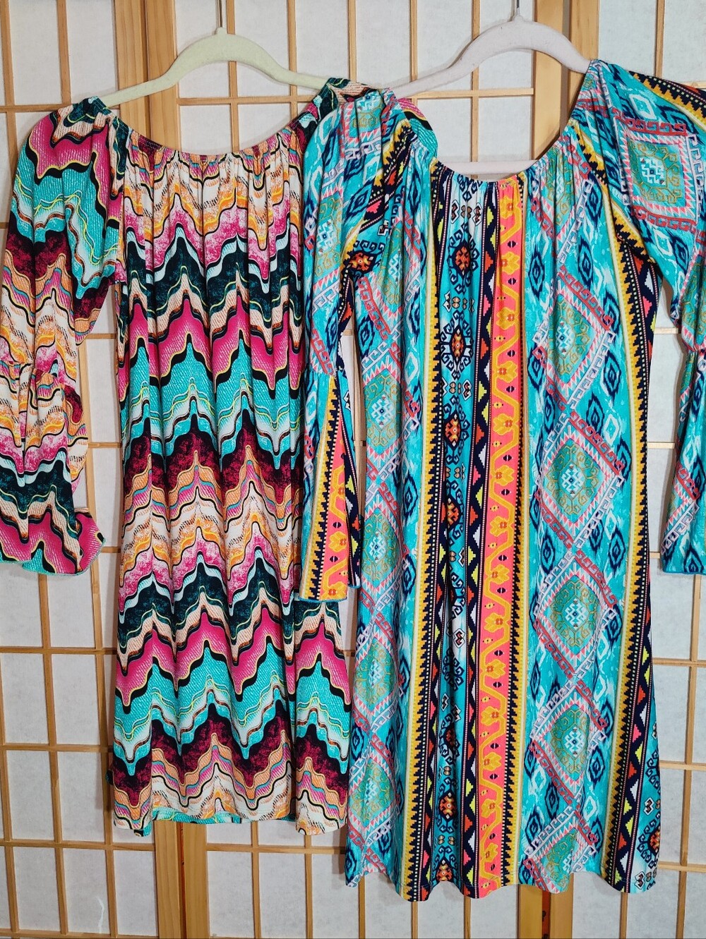 2 Piece Set Boho Western Chic Flowy Tunic Dresses Trumpet Sleeves Size S